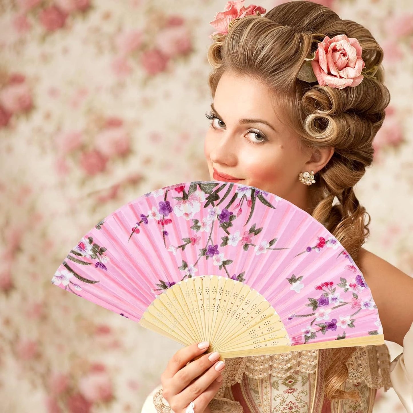 durony 12 Pieces Floral Folding Fans Silk Bamboo Handheld Fans Vintage Handheld Fan Flower Patterns Fabric Fans for Wedding Gifts, Dancing, Party Favors, Multicolor