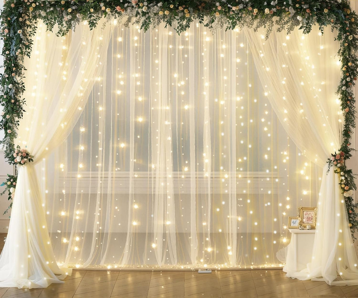 Ivory Tulle Backdrop Curtains with Lights String for Parites Wedding 20×10ft Ivory Sheer Backdrop Curtains for Baby Shower Birthday Party Photo Shoot Background Decorations(4 Panels 5ft×10ft)