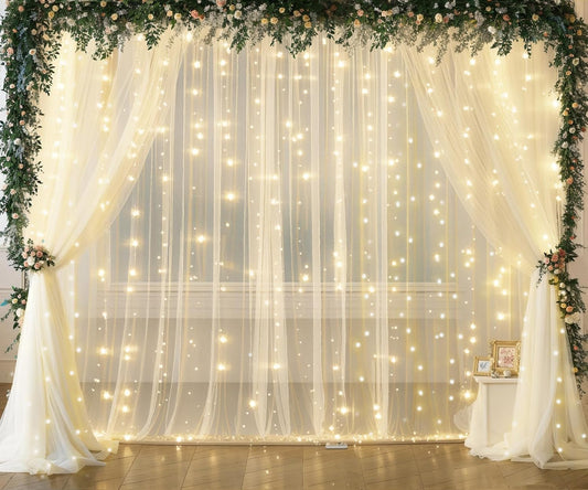 Ivory Tulle Backdrop Curtains with Lights String for Parites Wedding 20×10ft Ivory Sheer Backdrop Curtains for Baby Shower Birthday Party Photo Shoot Background Decorations(4 Panels 5ft×10ft)
