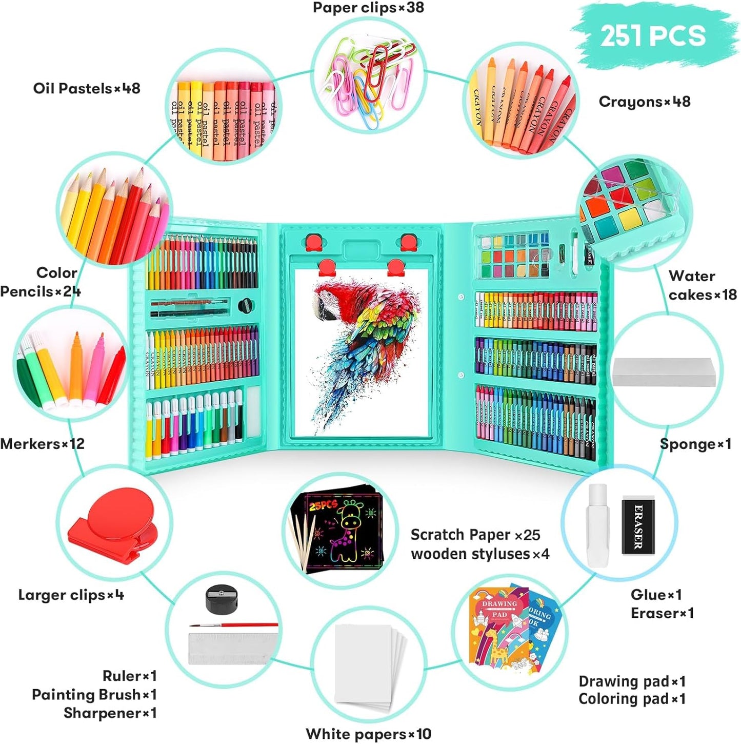 Back to School Supplies for Kids Teen Girls Boys, Art Set Case with Trifold Easel, Scratch Paper, Sketch Pad, Coloring Book, Crayons, Pencils, Oil Pastels, Watercolors, Sharpener