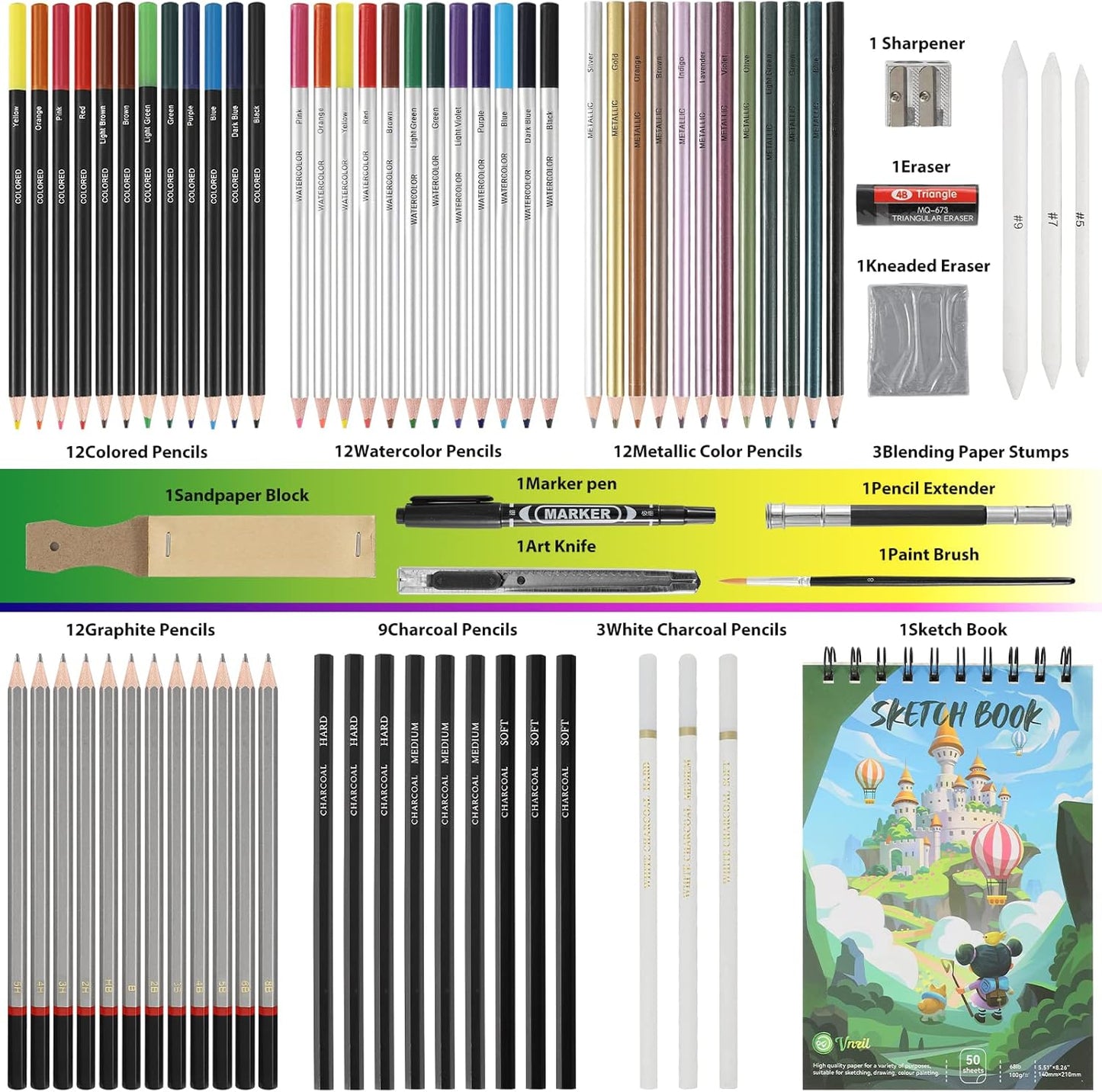 Vnzil 72 Pack Drawing Set Sketching Kit, Art Supplies for Artists, Beginners, Adults, Teens, Premium Art Kit with 50 Sheets Sketch Book, Colored, Watercolor, Metallic, Graphite, Charcoal Pencils