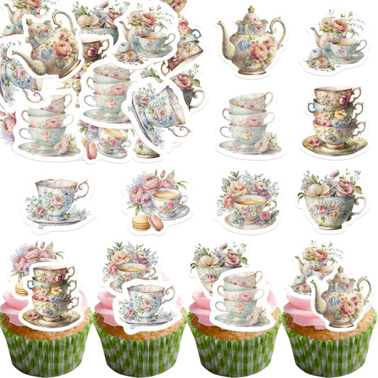 45PCS Edible Tea Party Cupcake Toppers Wafer Paper Teapot Teacup Cupcake Toppers Floral Tea Time Cake Picks Afternoon Tea Decorations for Tea Party Theme Baby Shower Decor Supplies