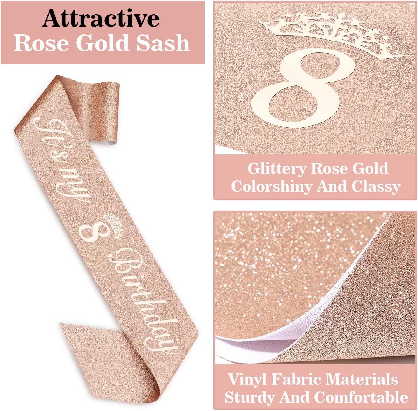 8th Birthday Decorations for Girl Including Sash, Crown, Numeral Candle and Cake Topper, 8 Year Old Girls Party Favor Supplies