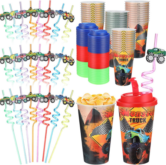 Yungyan 36 Sets Monster Truck Party Favors Goodie Cups with Lids and Straws for Birthday Decorations Reusable 16oz Plastic Candy Cups Plastic Straws for Birthday Party (Truck)