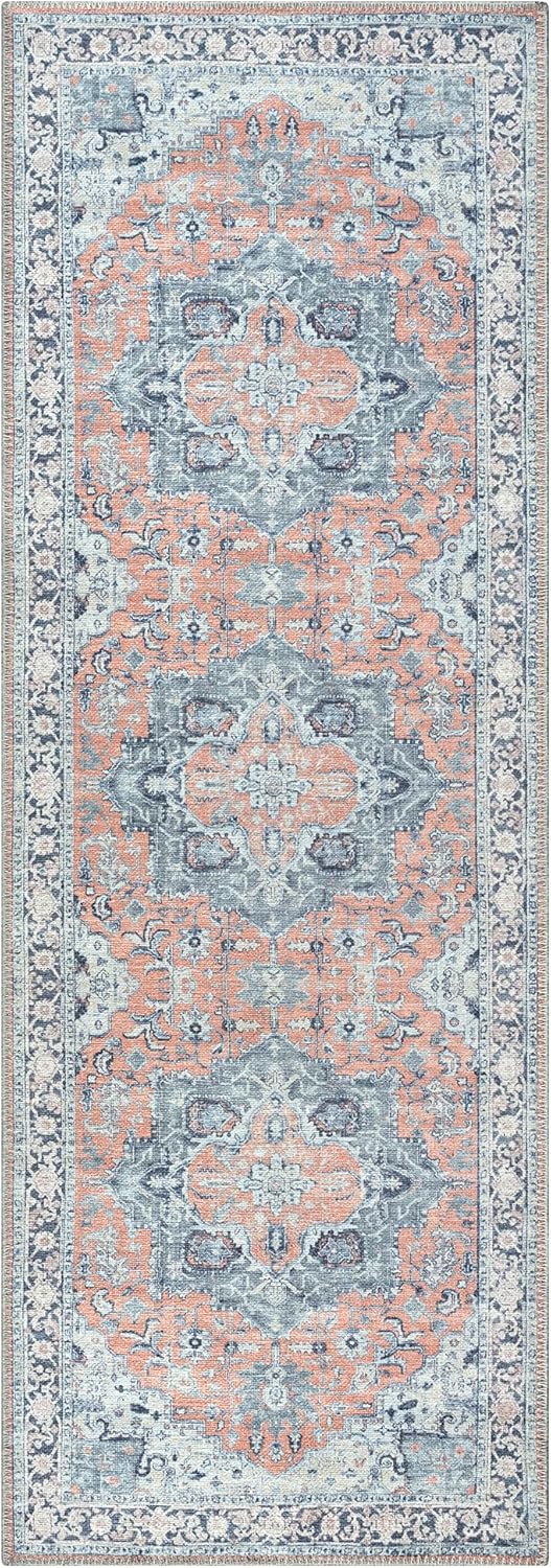 Bloom Rugs Washable Non-Slip 7 ft Runner - Coral/Blue Traditional Medallion Runner for Entryway, Hallway, Bathroom, and Kitchen - Exact Size: 2.5' x 7'