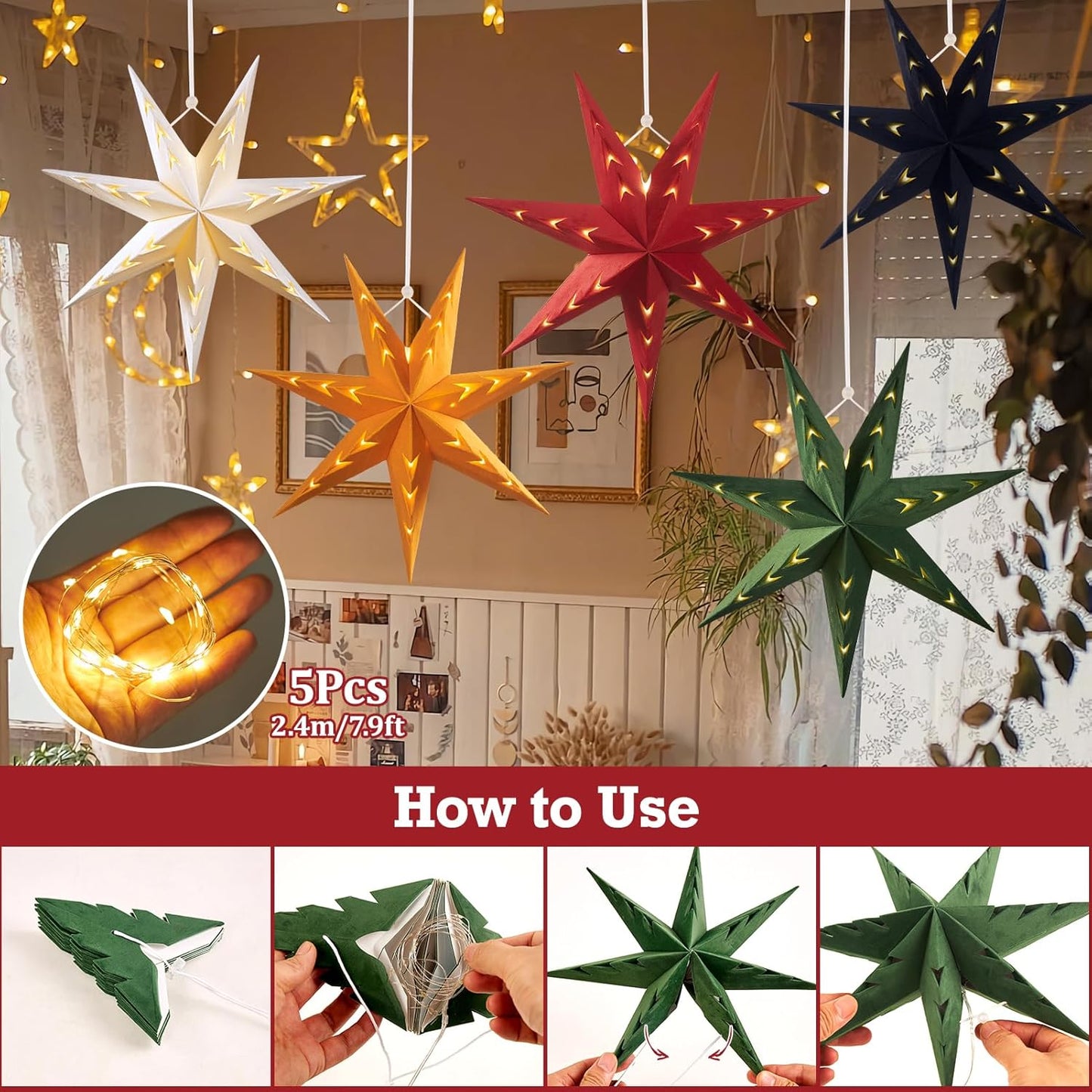 EASY JOY 5-Piece 7-Pointed Paper Star Decoration With Light - 12 Inch 3D Paper Star Lantern for Christmas, Home, Party, Wedding, Birthday