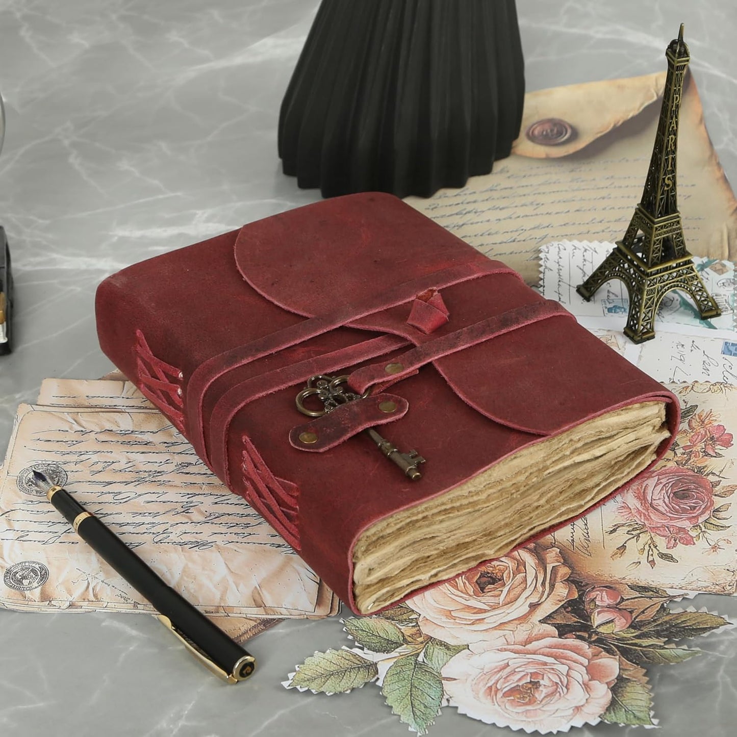 Leather Journal with Lined and Unlined Deckle Edge Paper 8x6 inch and Vintage Key | Handmade Writing Notebook Diary | Bound Daily Notepad for Men & Women Medium, Sketch/Writing pad for Artists