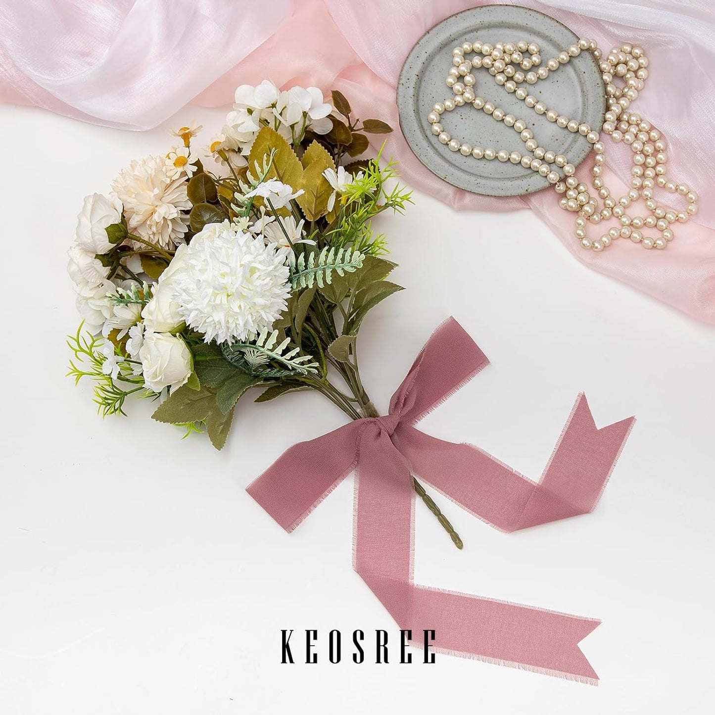 3 Rolls Dusty Rose Handmade Chiffon Ribbon,1.5" x 21Yd Frayed Fringe Silk Mauve Ribbons (3 Rolls *7Yd) for Gifts Wrapping, Wedding Invitations, Bridal Bouquets, Decorations