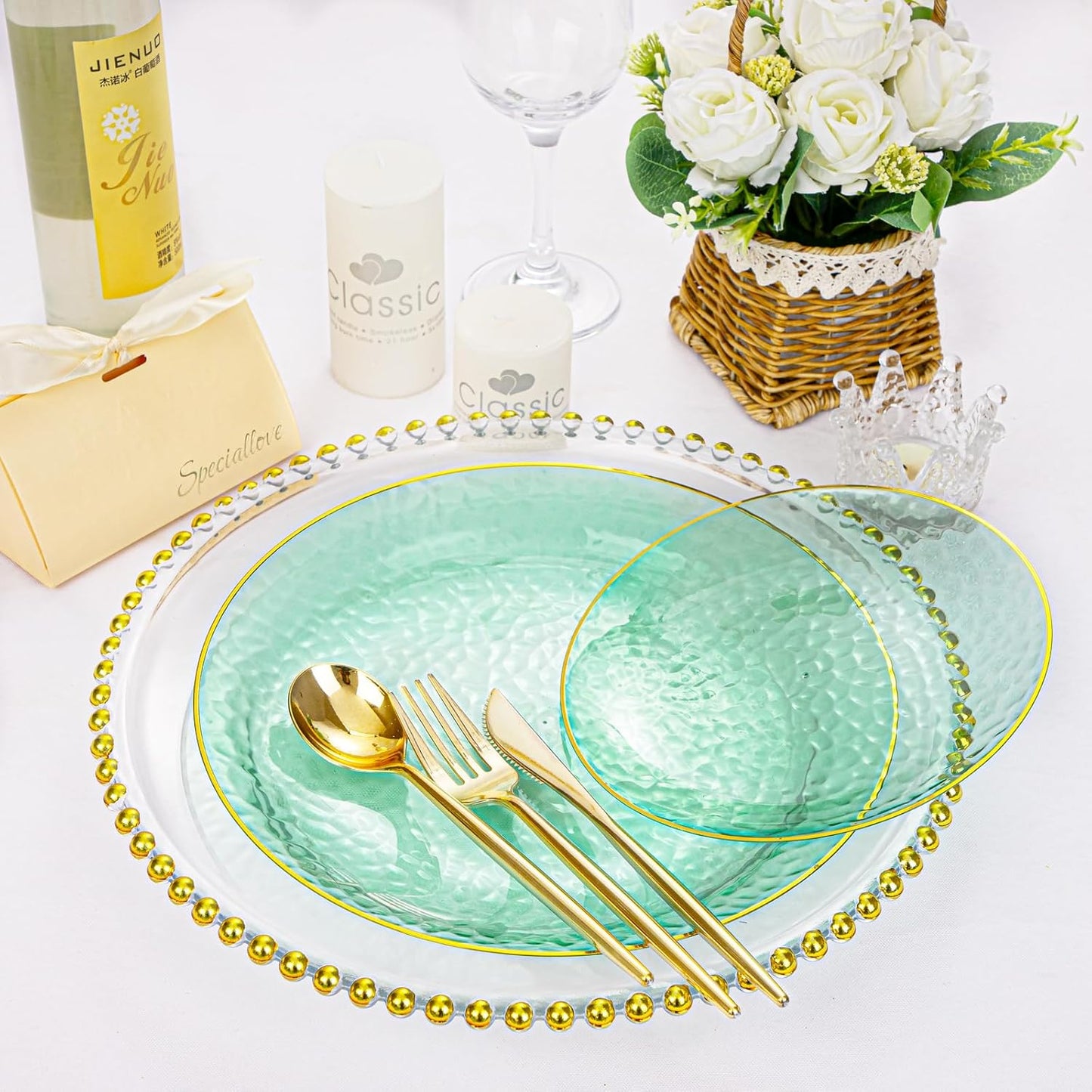 Rubtlamp 60 Pieces Green Gold Plastic Plates - 10 inch Green Plastic Dinner Plates - Hammer Pattern Design - Fancy Disposable Plates Ideal for Wedding & Party