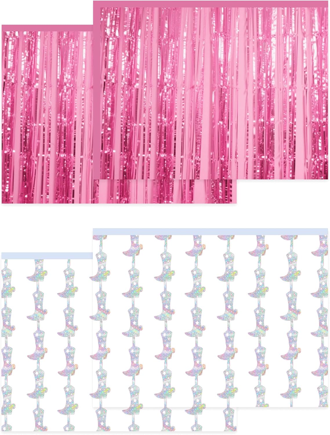 4 Pcs Cowgirl Party Decorations - 2 Boot Silver Metallic Tinsel Fringe Curtains & 2 Candy Pink Backdrops for Birthday Supplies Last Rodeo Bachelorette Wedding Disco Decor