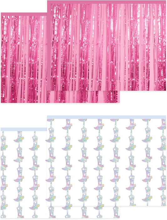 4 Pcs Cowgirl Party Decorations - 2 Boot Silver Metallic Tinsel Fringe Curtains & 2 Candy Pink Backdrops for Birthday Supplies Last Rodeo Bachelorette Wedding Disco Decor