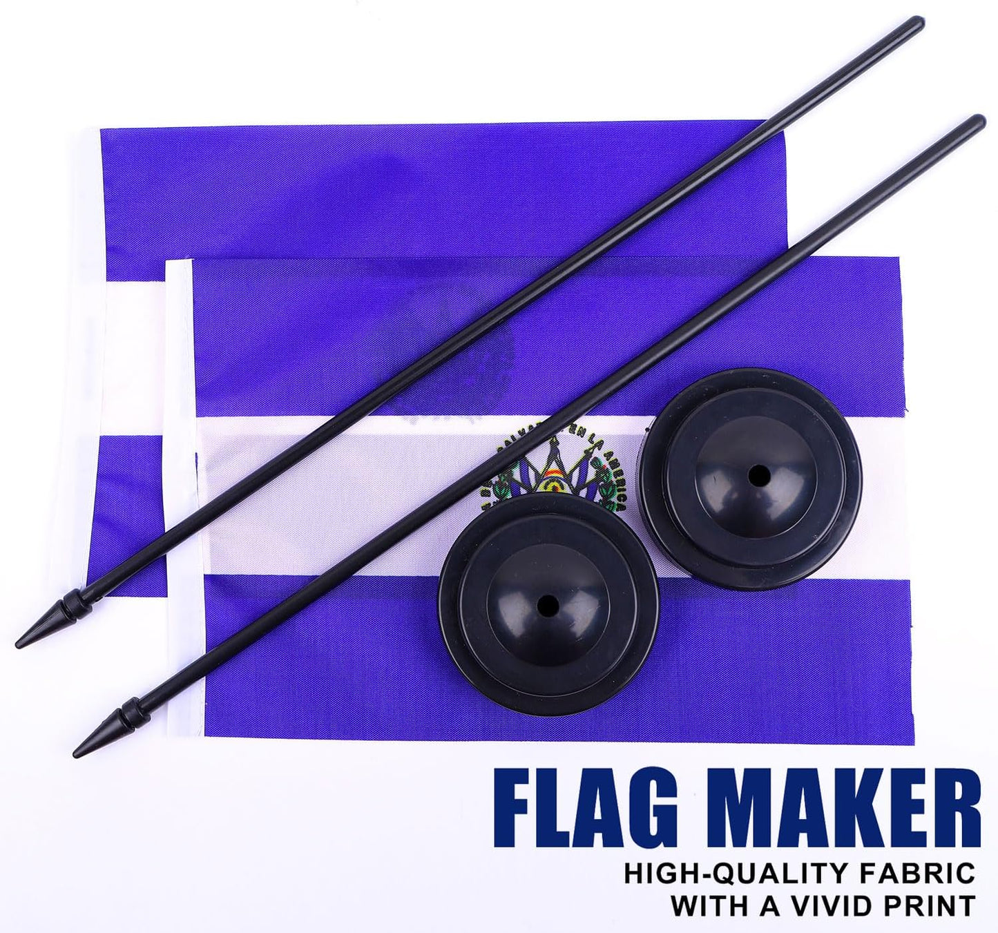 El Salvador Desk Flag 12" Solid Pole Deluxe Set Salvador Flags Banner Mini Small El Salvador Office Table Flags with Black Stand Base Desktop Decorations(2Pack)