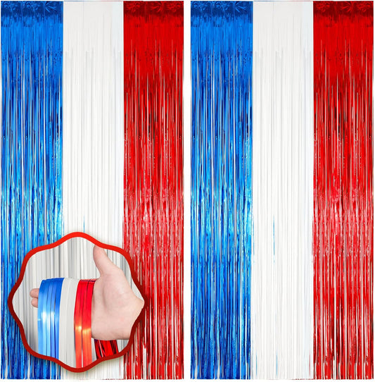 2 Pack Red White and Blue Foil Fringe Backdrop Curtains, Tinsel Streamers Party Decorations, Fringe Backdrop for Patriotic, Memorial Day, 4th of July, Independence Day
