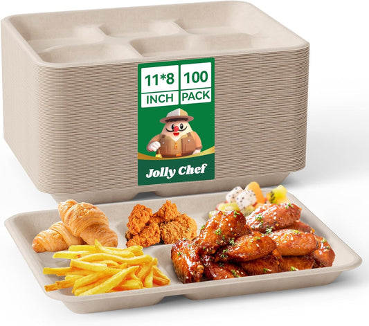JOLLY CHEF Compostable 𝟱 Compartment 𝟭𝟭 * 𝟴 𝗶𝗻𝗰𝗵 Paper Plates [𝟭𝟬𝟬 𝗣𝗮𝗰𝗸] Heavy Duty Small Natural Divided Eco-Friendly Biodegradable Containers Food Trays for Dinner Lunch Buffet