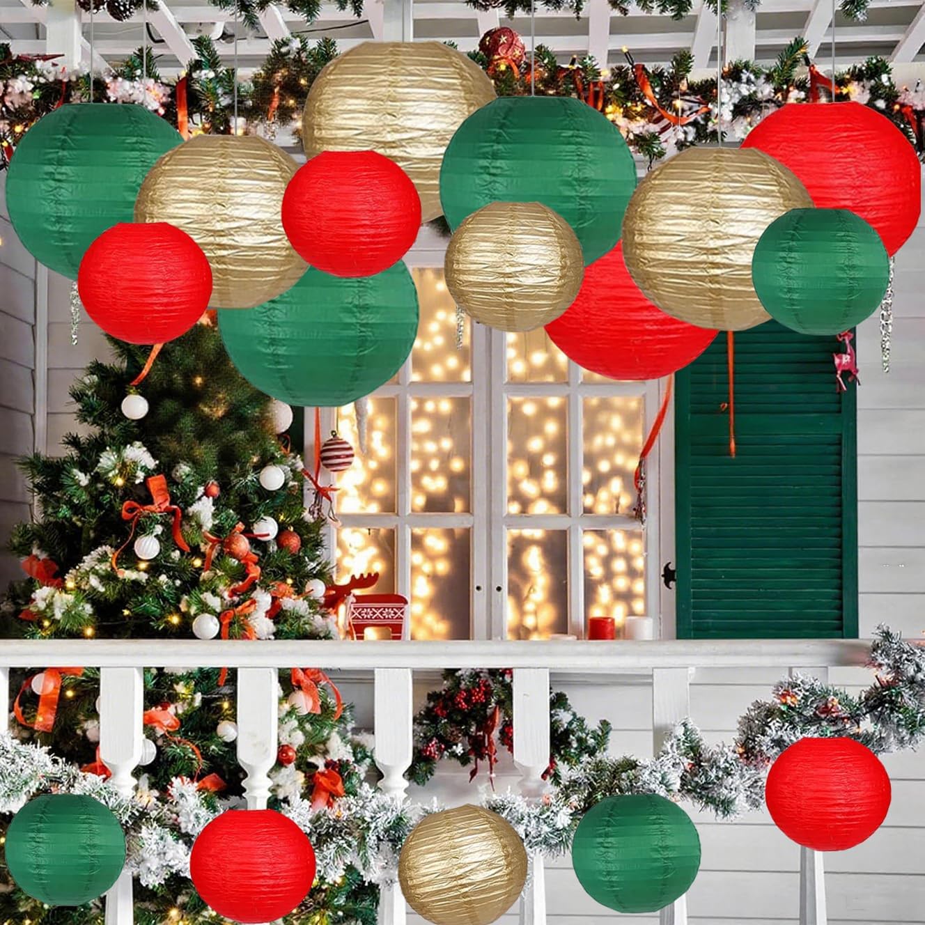 Green Red Paper Lanterns Decorative 12pcs Christmas Hanging Decorations for Graduation Anniversary Birthday Party