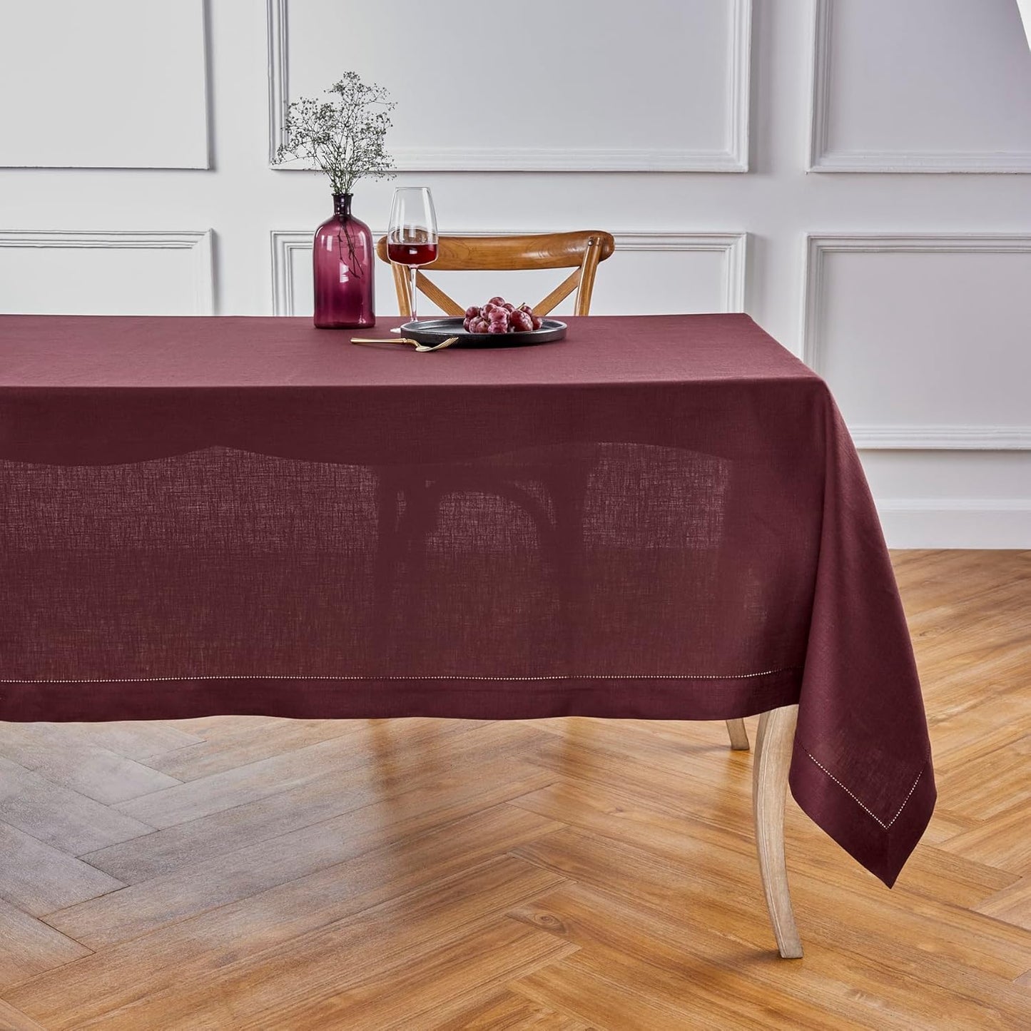 Solino Home Linen Burgundy Tablecloth 60 x 90 Inch - Classic Hemstitch, 100% Pure Linen Rectangular Tablecloth - Machine Washable Table Cloth for Fall, Autumn, Thanksgiving, Christmas, Holiday