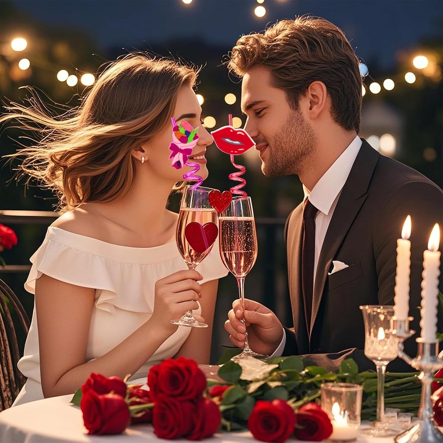 24 Valentines Reusable Party Drinking Straws Birthday Party Supplies Decorations with 2 PCS Cleaning Brushes (Valentines Rose)