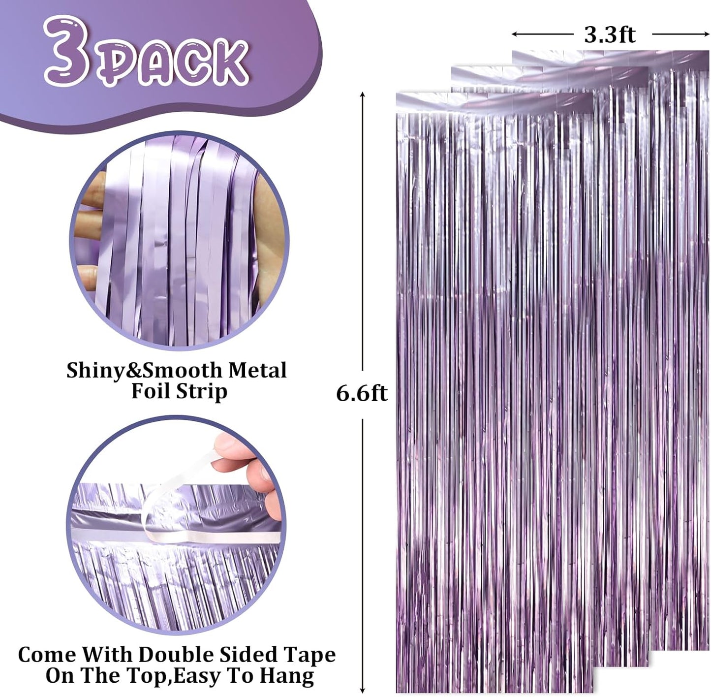 3 Pack 3.3 x 6.6 ft Lavender Foil Fringe Backdrop Curtains, Tinsel Streamers Party Decorations, Fringe Backdrop for Birthday, Baby Shower, Gender Reveal, Graduation