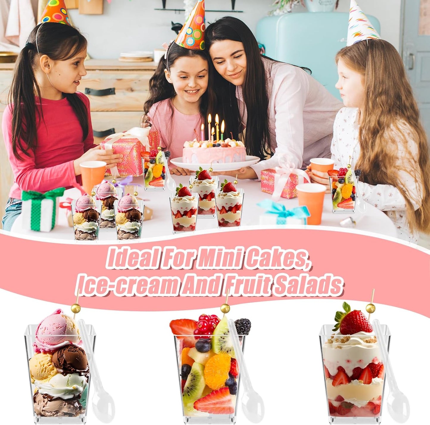 Kosotody 150 Pcs 5 OZ Dessert Cups with Spoons Cocktail Picks, Square Appetizer Cups Clear Mini Mini Party Serving Cups for Party Appetizers Pudding Yogurt Ice Cream Fruit