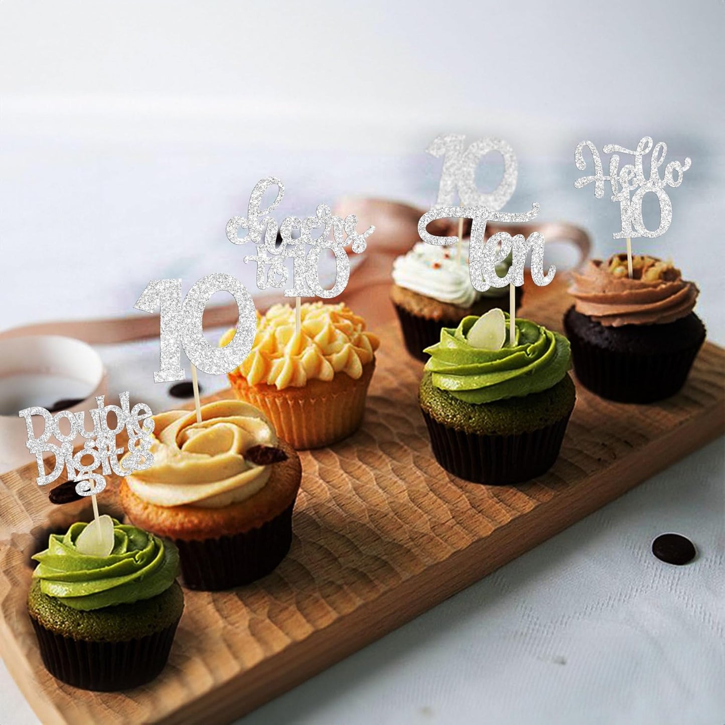 30Pcs 10th Birthday Cupcake Toppers Ten Double Hello 10 Cupcake Picks Cheers to 10 Years Old Cake Decorations for 10th Birthday Party Supplies Silver Glitter