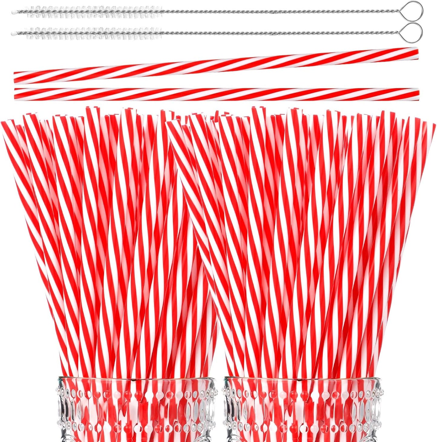 Vesici 9 Inch Plastic Striped Straws Reusable with Cleaning Brush Red Striped Hard Drinking Straws for Christmas Party Decoration Supplies(Red and White,102 Pcs)
