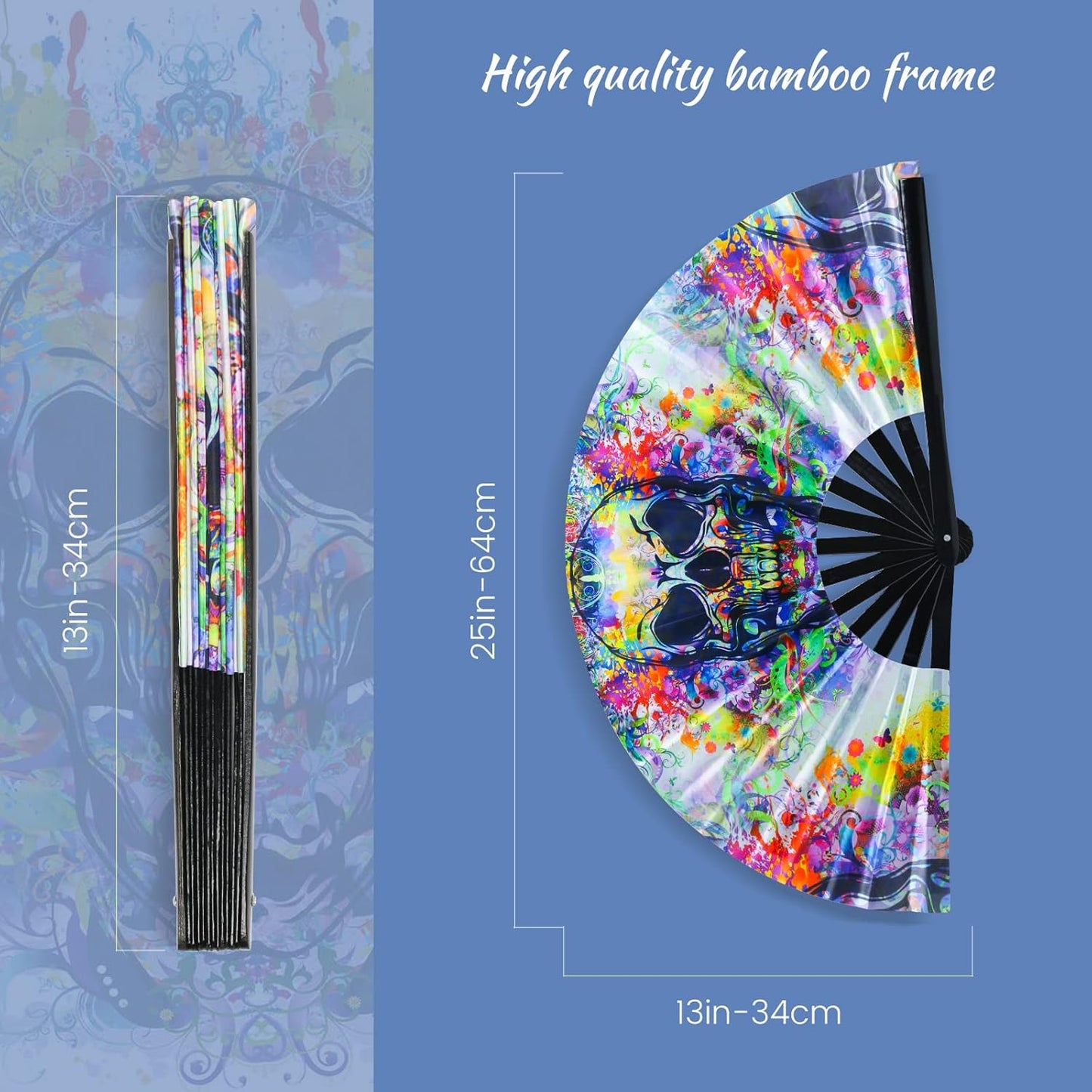 SYNTECSO Folding Hand Fan for Rave, UV Glow Fan, Large Bamboo Fan for Drag Queen, Women and Men Gift，Chinese Japanese Clack Fan for Parties, Music Festivals, EDM and Decoration