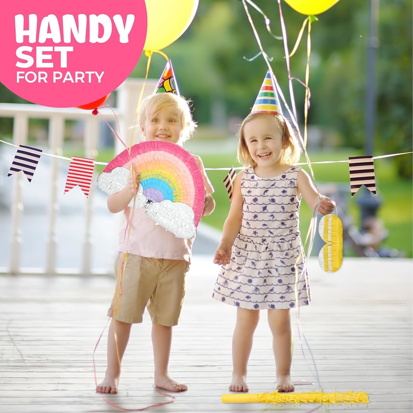 Rainbow Pinatas Bundle with a Blindfold and Bat (16.5x8.5x3.5 Inches), Rainbow Pinatas for Girls Birthday Parties Girl, Perfect for Unicorn Party, Theme Party, Decoration