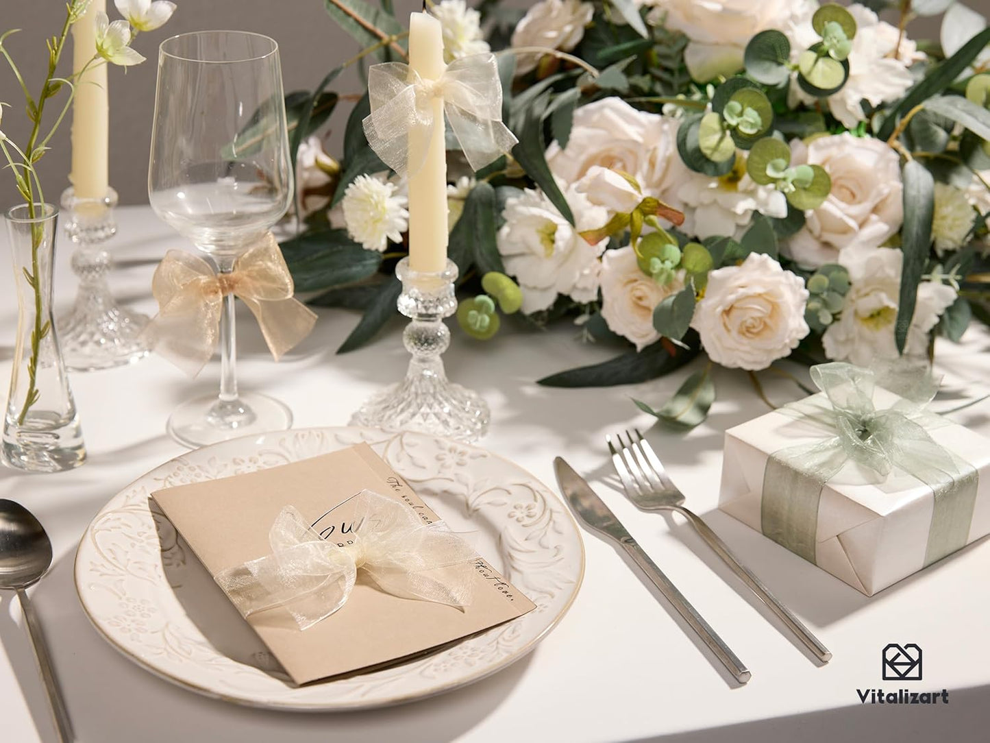 Vitalizart Organza Ribbon 1.5" x 30 Yd Cream White Rose Gold & Dusty Green Sheer Ribbons for Gift Wrapping Crafts Christmas Party Decor Bows Wedding Invitations Wreaths Bouquet