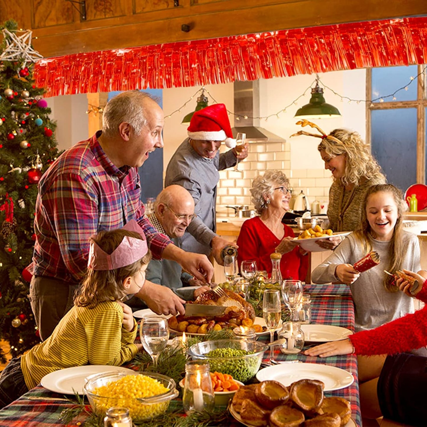 6 Pack 10 Feet Red Foil Fringe Garland Metallic Tinsel Streamers Banner Wall Hanging Curtain Backdrop Banner for Parade Floats, Thanksgiving, Christmas, Birthday, Halloween Party Decorations