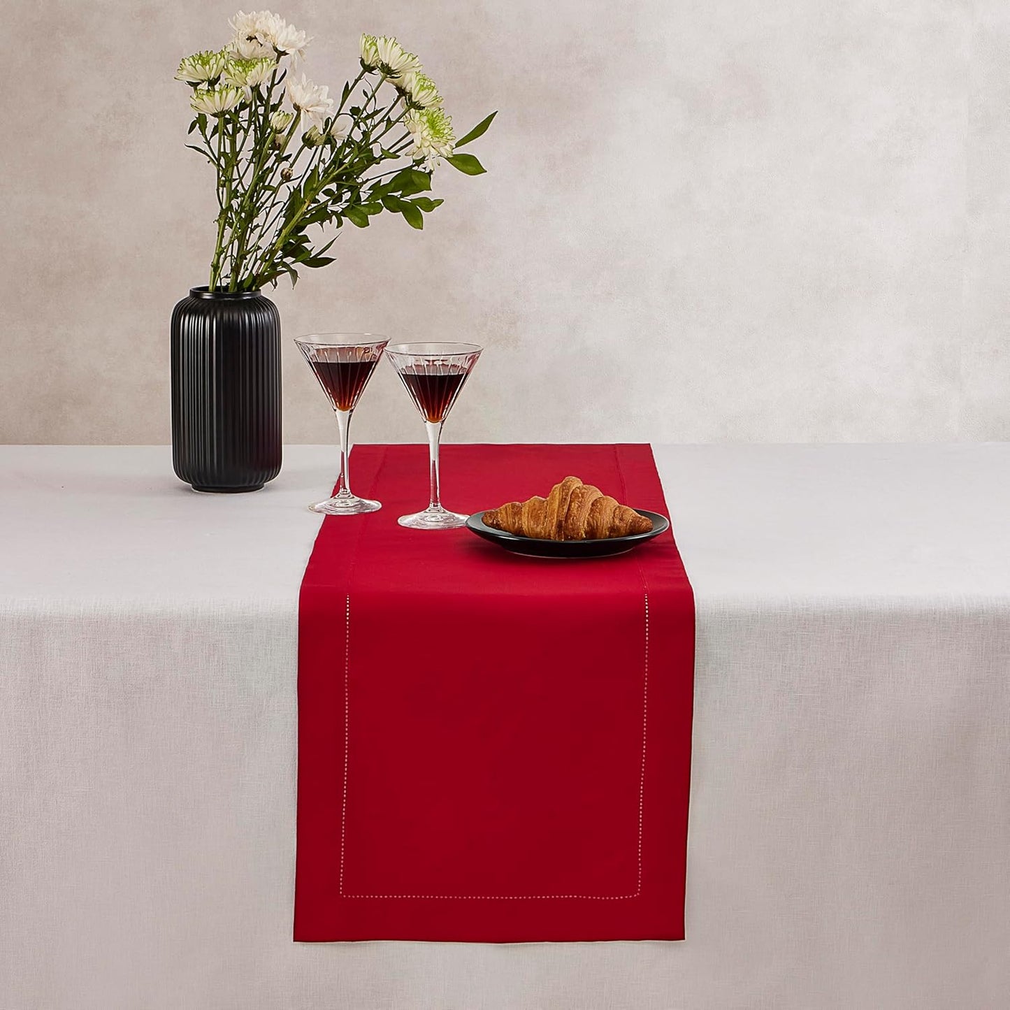 Red Table Runner 48 Inch – Cotton Linen Hemstitch Farmhouse Table Runner 14x48 – Washable Fabric for Dining Table, Spring, Summer, Wedding, Everyday Décor – Serena