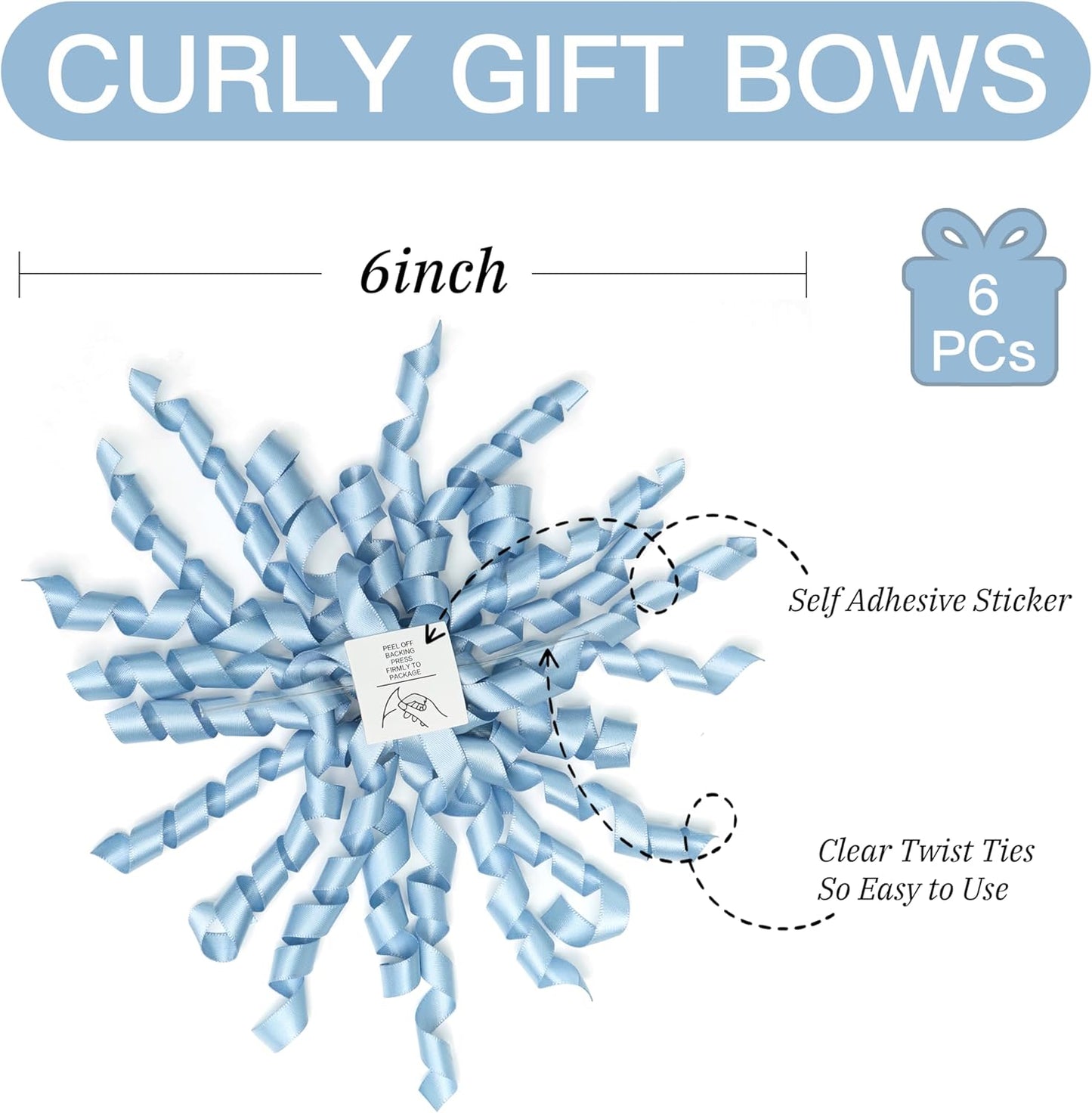 6 Inch Dusty Blue Curly Bows for Gift Wrapping Set of 6, Self Adhesive Bows French Blue Gift Bows for Presents, Satin Ribbon Bows for Birthday, Wedding, Christmas, Bridal Shower