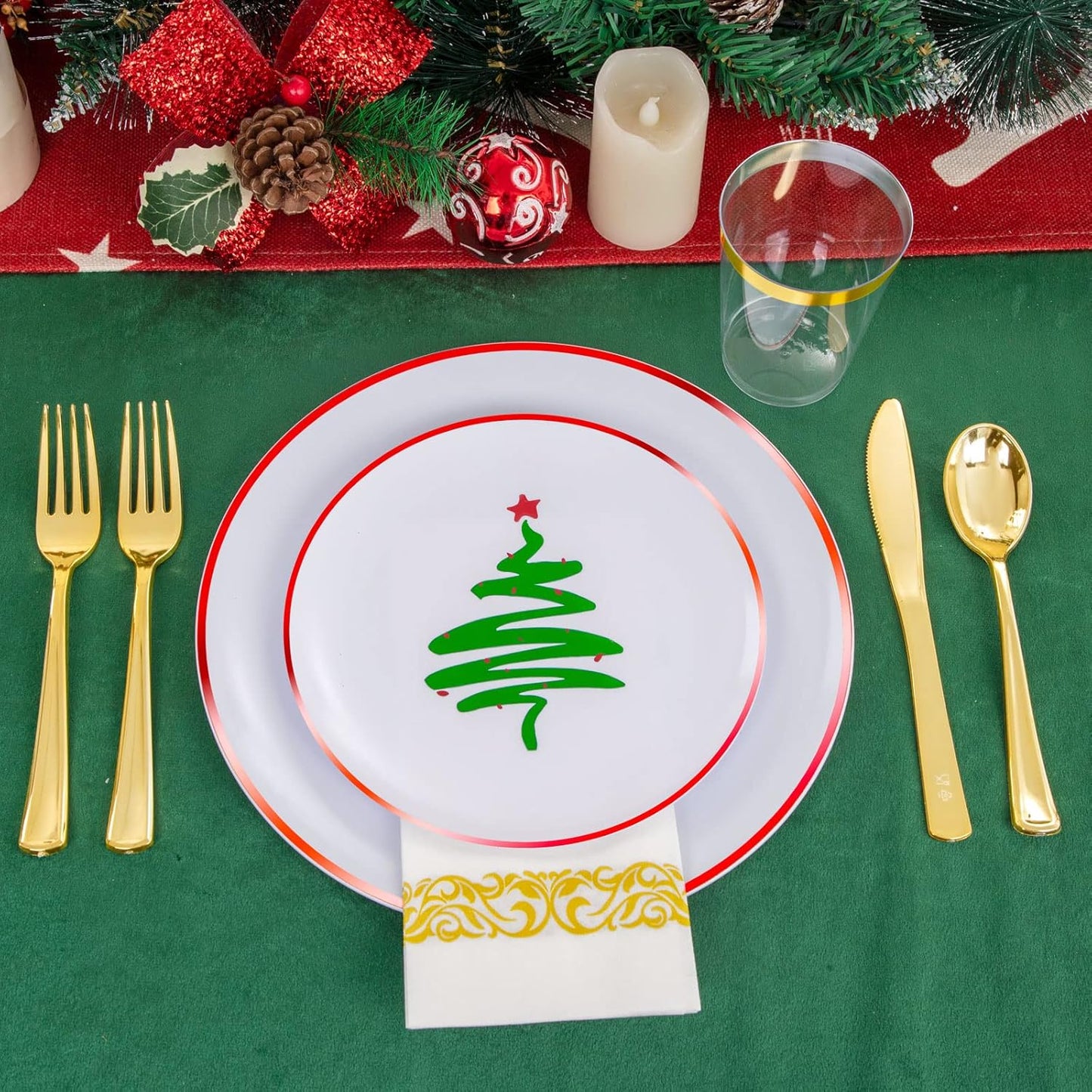 Supernal 350pcs Christmas Plastic Dinnerware Set,Christmas Plastic Plates,Gold Plastic Silverware,Gold Plastic Cups,Plastic Plates with Christmas Tree Design Suit for 50 Guests Perfect for Christmas