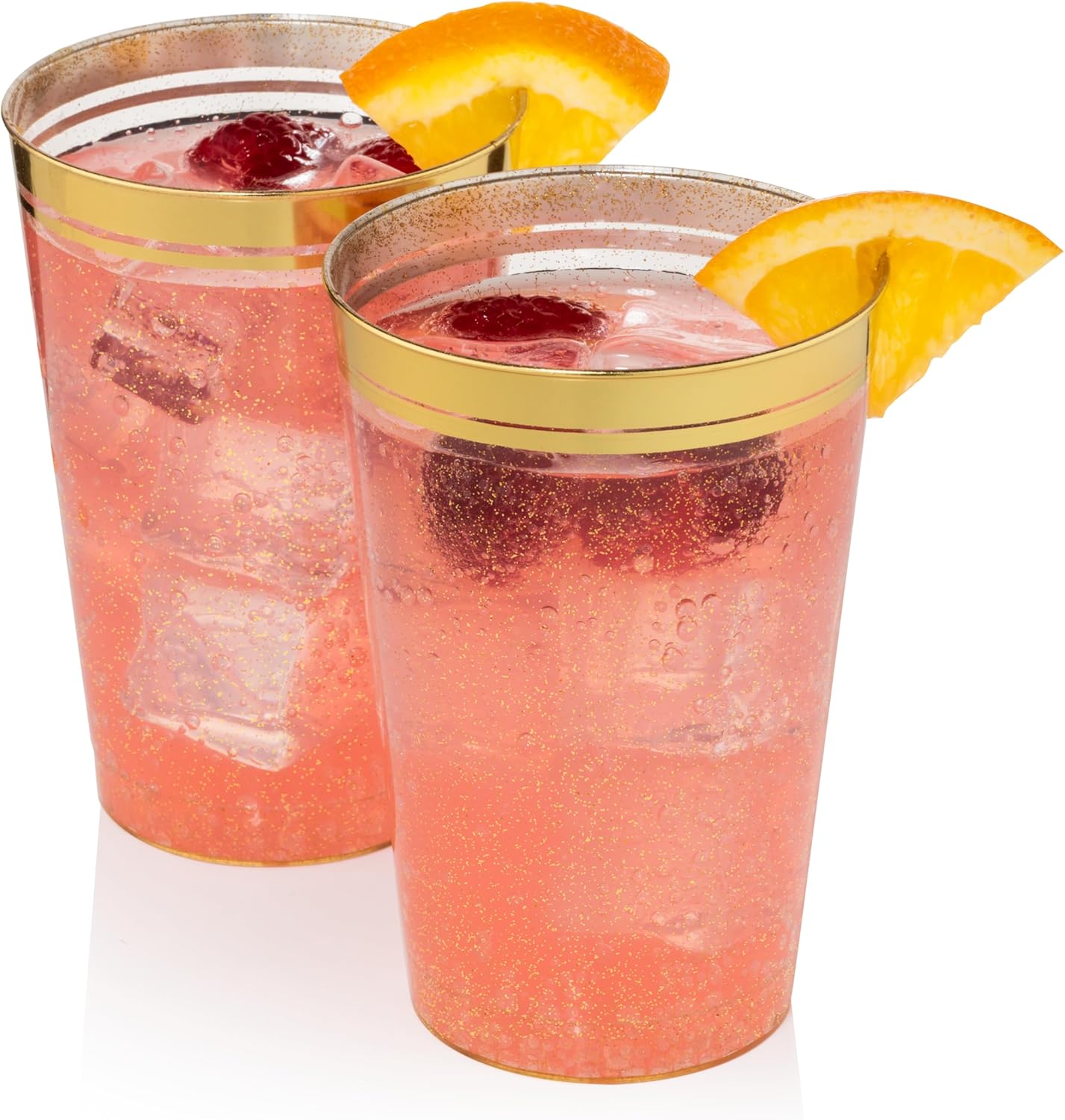 Perfect Settings 100 Premium 12oz Hard Plastic Cups Clear Glitter Gold Plastic Double Colored Rimmed Cups Fancy Disposable Wedding Cups Elegant Party Cups with Twin Colored Rim (Glitter Gold Rim, 12)