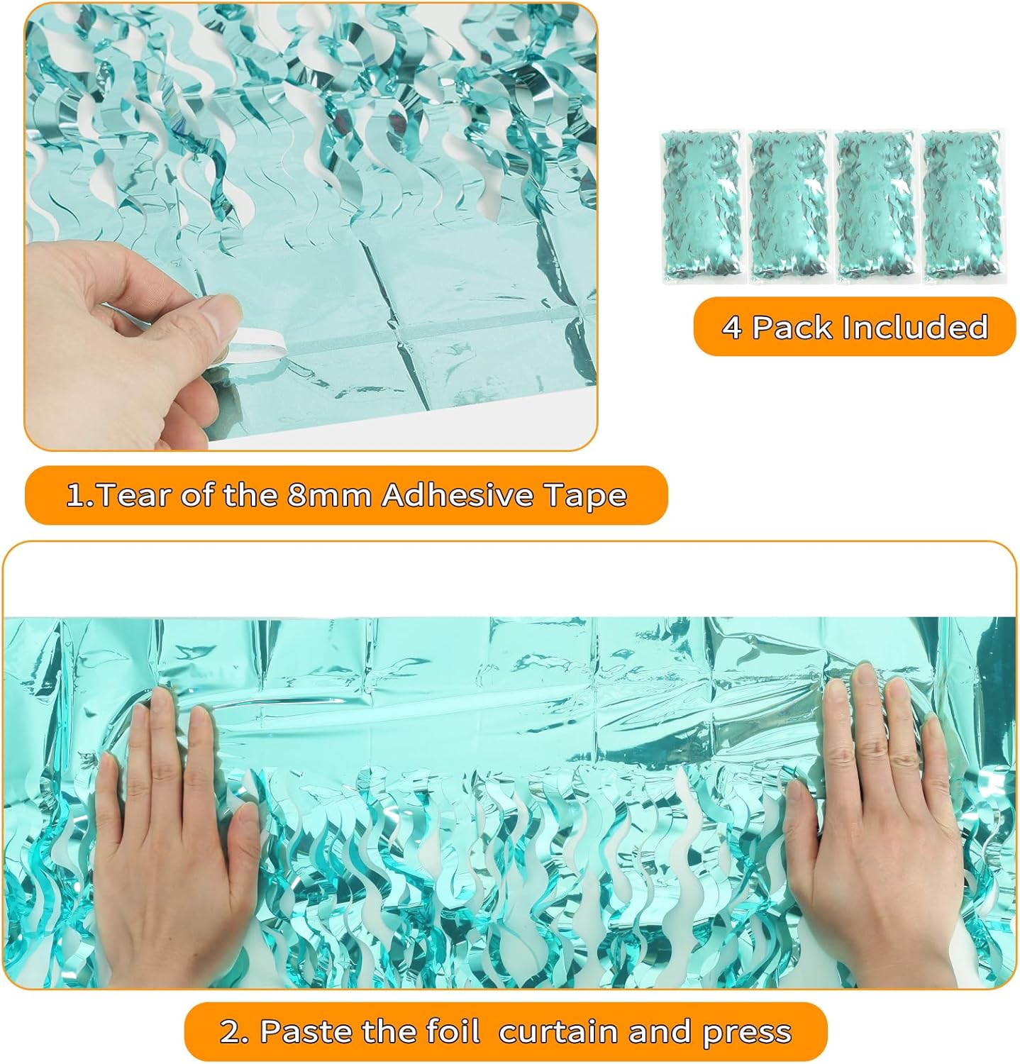 4 Pack 3.3 ft x 6.6 ft Wavy Aqua Teal Blue Tinsel Foil Fringe Curtains Backdrop - Wave Metallic Foil Curtains for Wedding Girl Princess Bachelorette Euphoria Theme Party Decoration