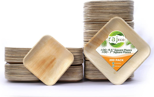 Raj Palm Leaf Plates Plates like Bamboo plates Disposable, Decorative Compostable Tableware for wedding, Lunch, Dinner, Birthday, Camping, Outdoor BBQ, Picnic (9.5"x100 7"x100 (200 Pack))