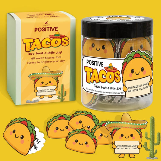 Positive Taco Jar – 60 Funny Emotional Support Taco, Back to School Gift for Students, Teachers, White Elephant Gifts For Women, Men, Corworker, Mental Health Gift, Birthday Gifts for Women