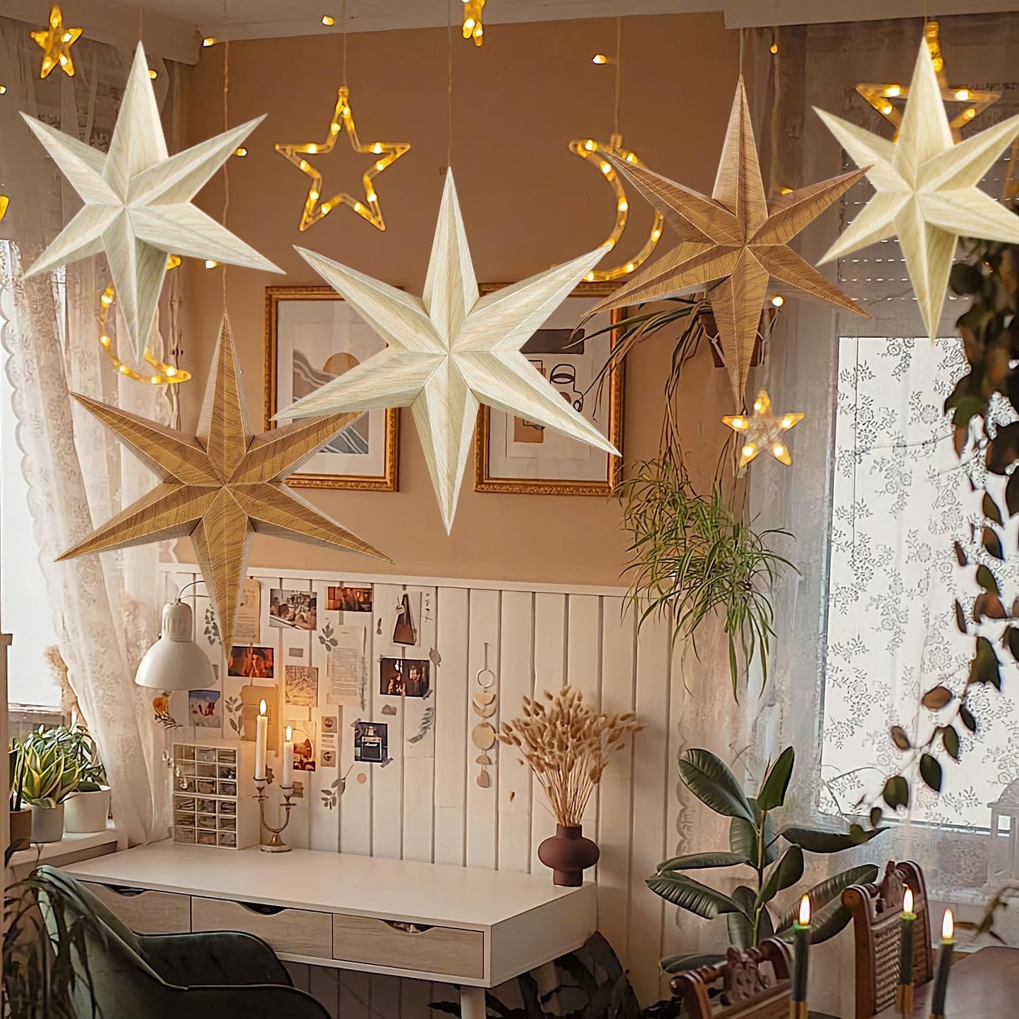EASY JOY 5 Pcs Wood Grain Paper Star Lanterns 6-Pointed 12 Inch Christmas Hanging Lamp Rustic Paper Decorations Vintage Christmas Home Hanging Decoration for Xmas Tree Wedding Birthday Party Decor