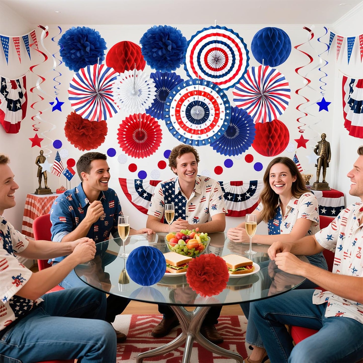 24PCS Patriotic Decorations 4th of July Decorations Set Red White Blue Hanging Paper Fans USA Flag Pennant Pom Poms Hanging Swirls Party Supplies for Memorial Day Independence Veterans