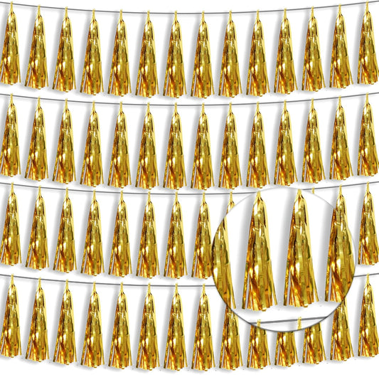 4P Gold Foil Fringe Tassel Banner Garland Metallic Tinsel Streamers Wall Hanging Curtain Backdrop Banner for Parade Floats, 2024 Graduation Decorations, Wedding Party Decoration