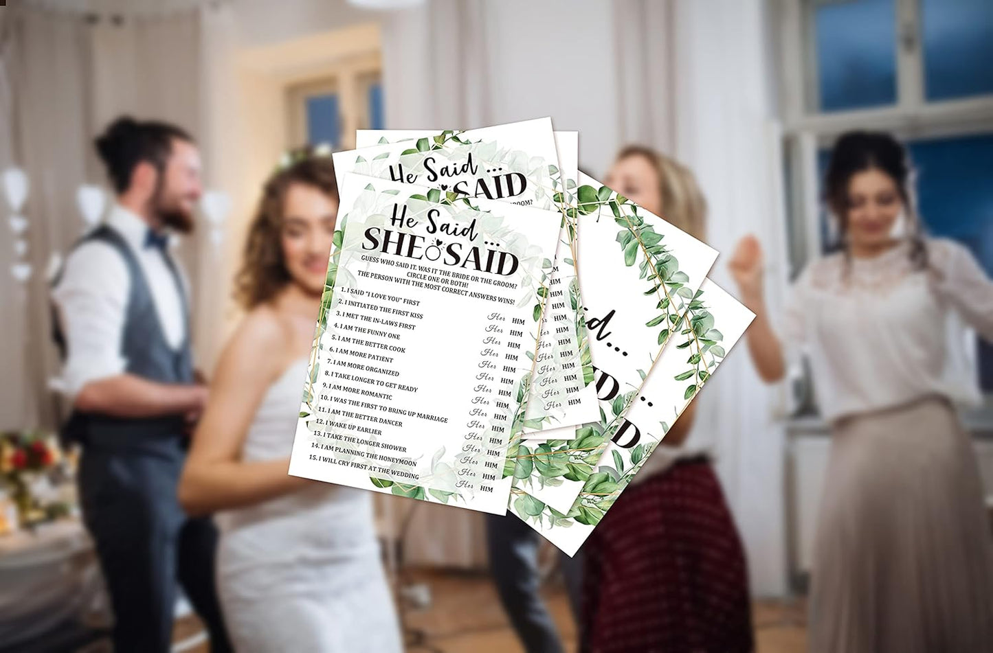 Bridal Shower Game Cards, He Said She Said Game, Tropical Jungle Theme Engagement Party Cards For Wedding, Set of 30 (Leaf002)