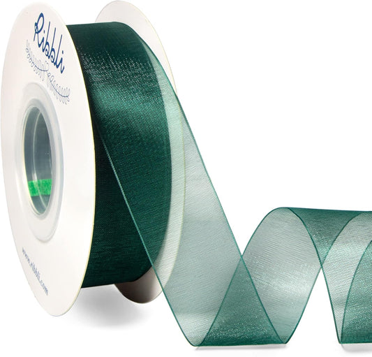 Ribbli Spruce Green Organza Ribbon,1 Inches x Continuous 50 Yard, Green Sheer Ribbon for Gift Wrapping,Cookie Wrapping,Wedding Decoration,All Crafting and Sewing