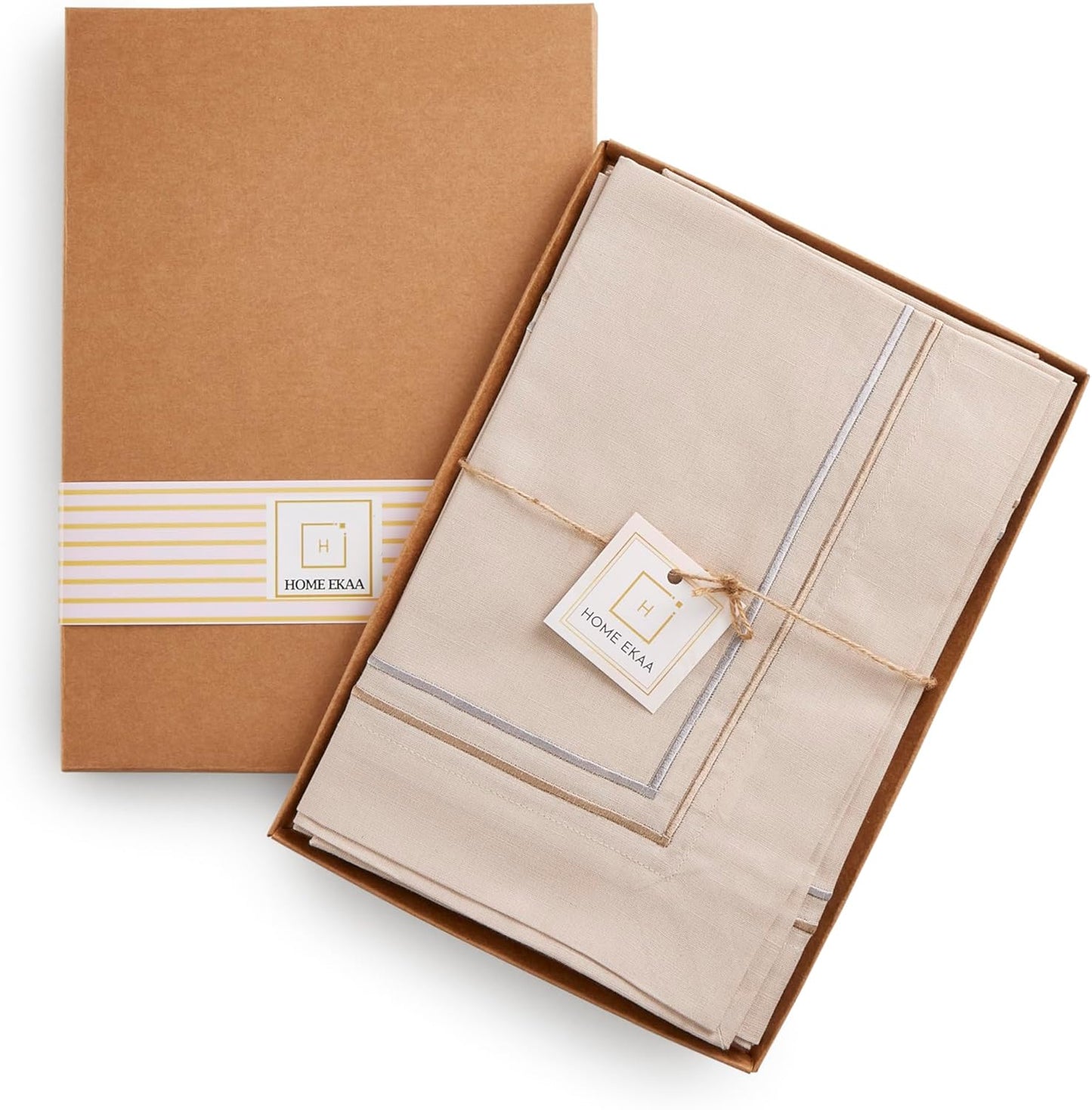 Cotton Linen Dinner Napkins 20 x 20 Inch – Summer Beige Napkins Set of 4 – Washable Fabric Cloth Napkins with Line Embroidery – Wedding Decoration, Gift