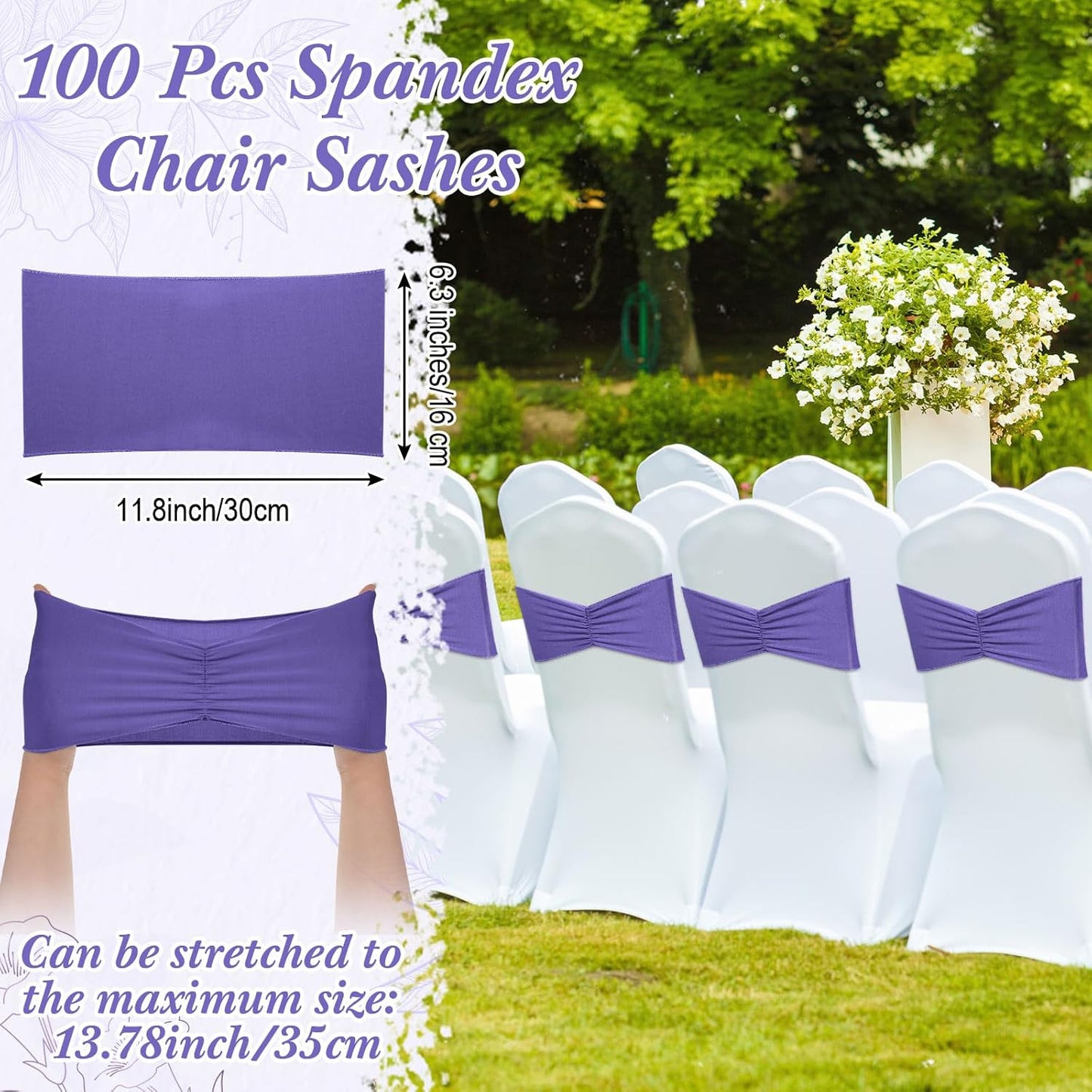 Moukeren 100 Pcs Spandex Chair Sashes Bows Bands Slider Sashes for Chair Covers Elastic Bands Ties Ribbon Decorations for Wedding Party Events Ceremony Birthday Banquet(Lavender Purple)
