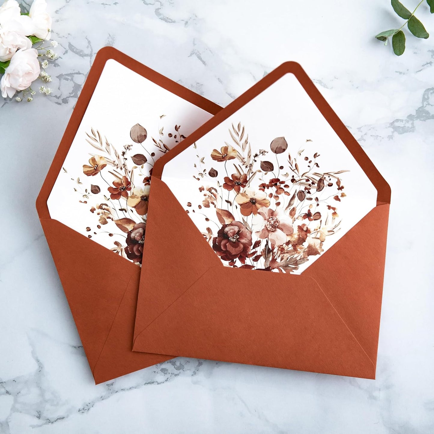 PONATIA 50PCS A7 Euro Flap Envelopes, 5.25 x 7.25'' Burnt Orange Flowers Liner Envelopes for 5x7 Wedding Invitations, Photos, Postcards, Greeting Cards, Christmas Gift Cards, Acrylic Mailing
