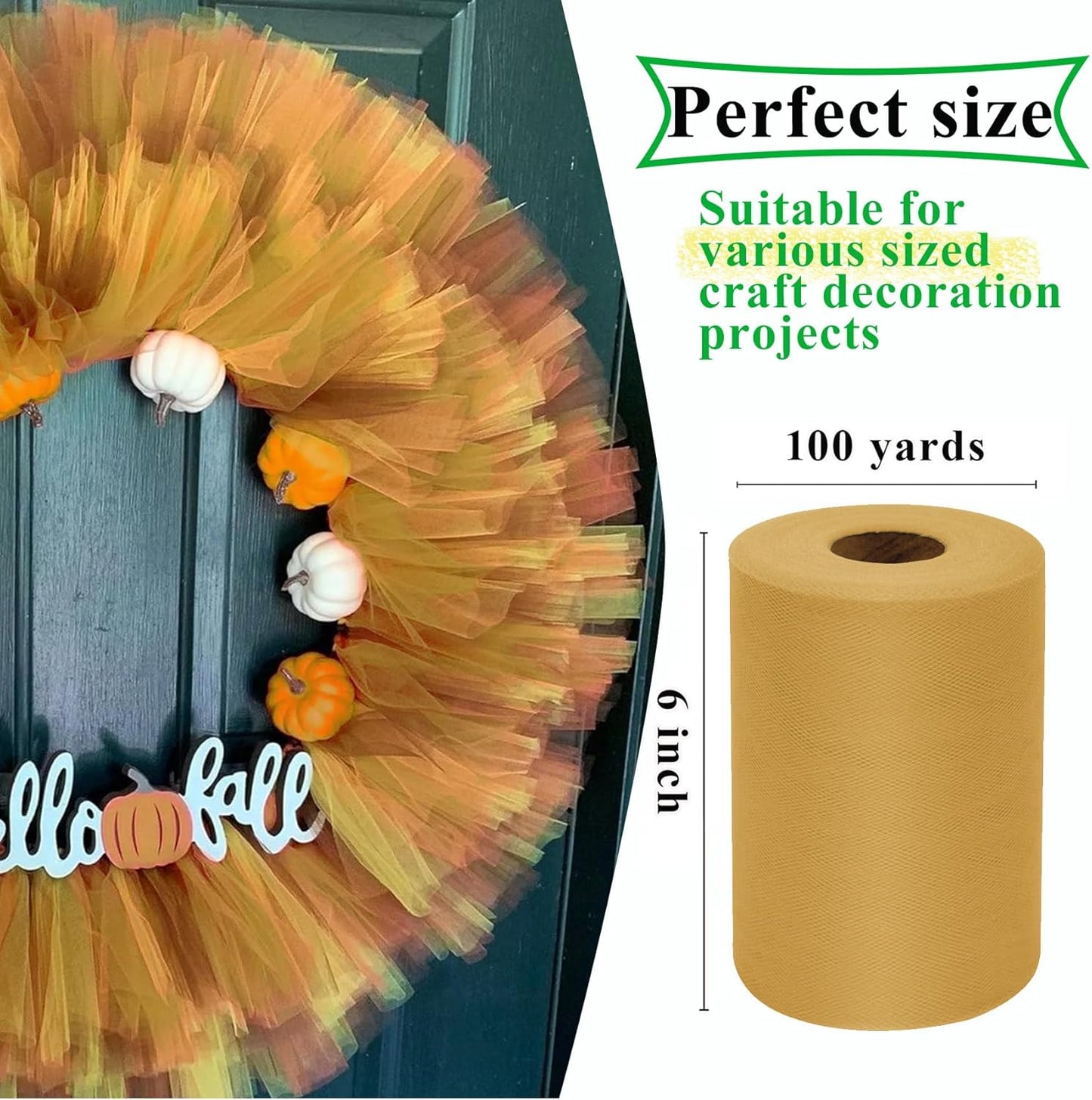 Aztec Gold Tulle Fabric Rolls 6 Inch by 100 Yards (300 feet) Fabric Spool Tulle Ribbon for Christmas Gift Wrapping DIY Tutu Bow Baby Shower Birthday Party Wedding Decorations Craft Supplies
