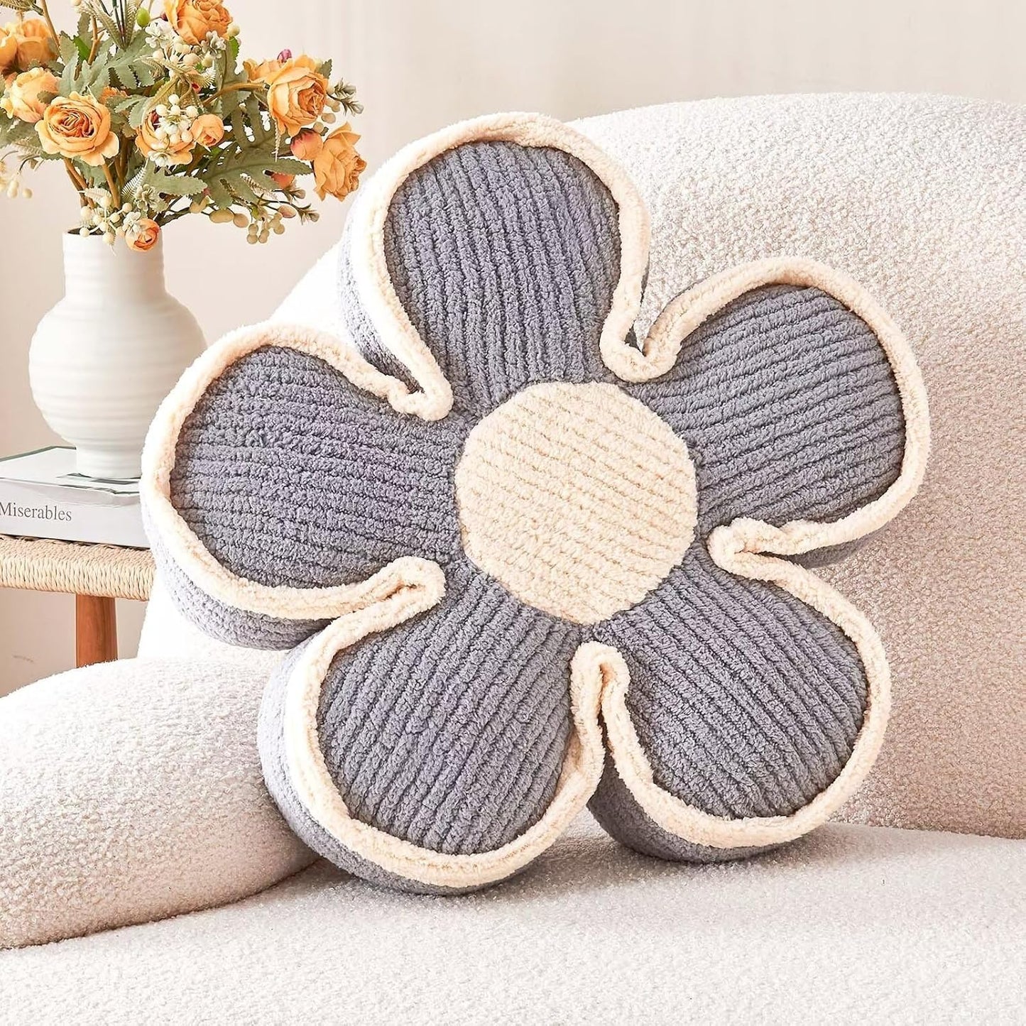 Flower Shaped Floor Cushion, Soft Plush Pillow for Sofa Couch Bed (13.7 Inch, Grey)
