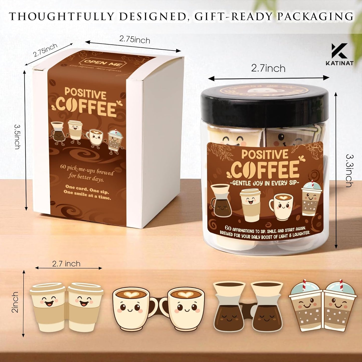 Positive Coffee Affirmation Jar – 60pcs Cute Emotional Support Coffee – Coffee Gifts for Men, Women– Birthday Gift, White Elephant Gifts for Coworker, Boss, Teacher, Teens, Back to School Gift