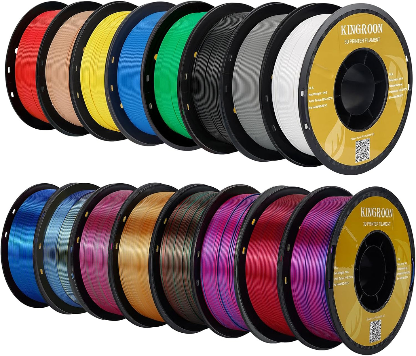 Kingroon 16KG PLA Filament Bundle+Triple Color Silk PLA Filament Bulk 3D Printer Filament 1.75MM,for Most FDM 3D Printer，1KG X 16 Spools