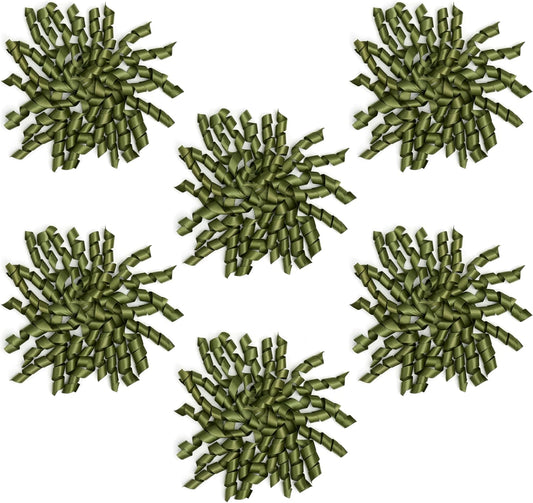 6 Inch Moss Curly Bows for Gift Wrapping Set of 6, Self Adhesive Bows Olive Green Gift Bows for Presents, Satin Ribbon Bows for Birthday, Wedding, Christmas, Bridal Shower