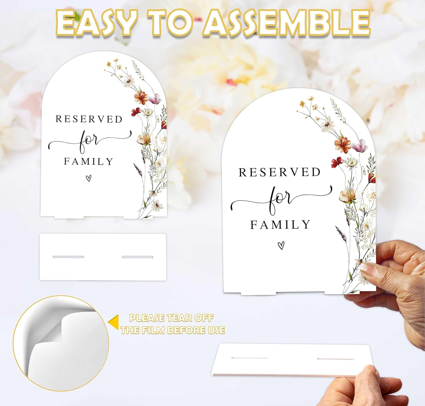 Boho Floral Reserved for Family Sign, 6 x 8 Inch White Arch Acrylic Wedding Sign with Holder, Wedding Sign for Ceremony and Reception, Wedding Decoration, Wedding Supplies - BX19